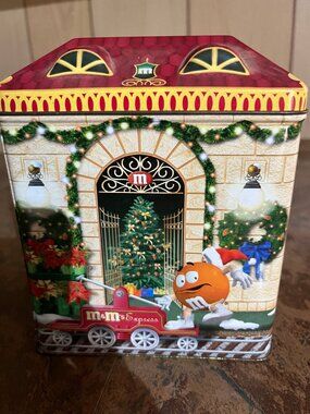 M&M's Train Depot Holiday Tin Container Metal Candy Storage